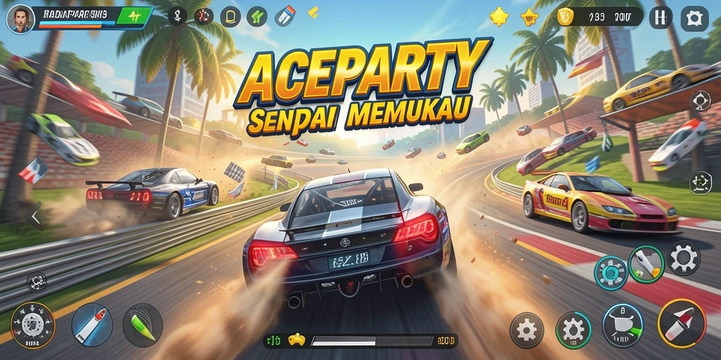 Screenshot utama ACEPARTY menampilkan balapan mendebarkan di lintasan yang menakjubkan.