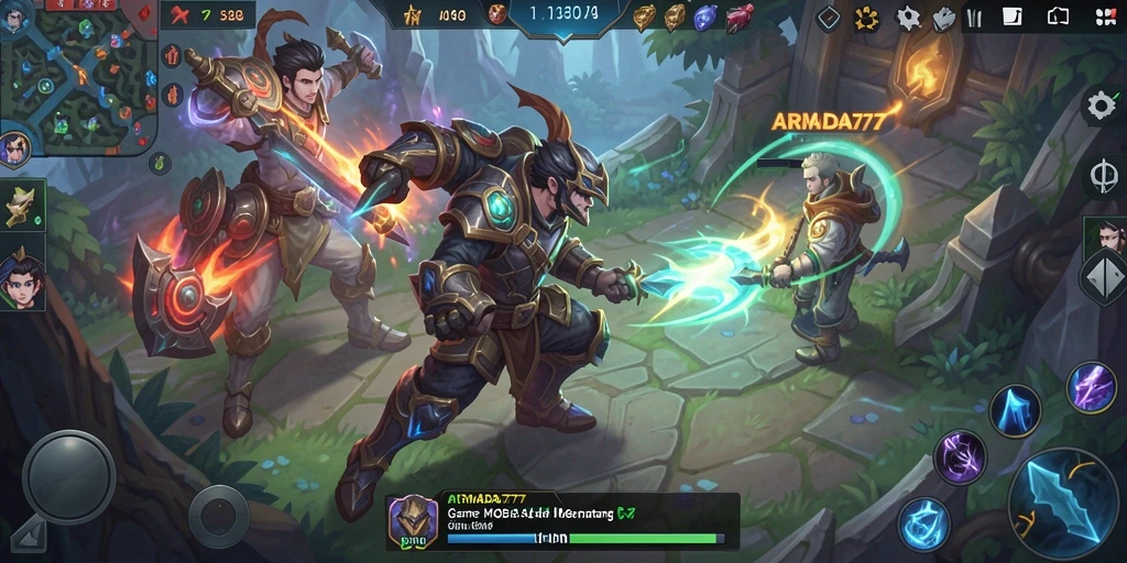 Screenshot utama ARMADA777 dengan pertarungan seru gameplay MOBA.