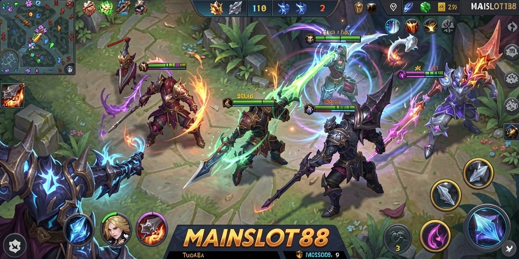 Screenshot gameplay MAINSLOT88 menampilkan pertarungan epik antarpemain MOBA.