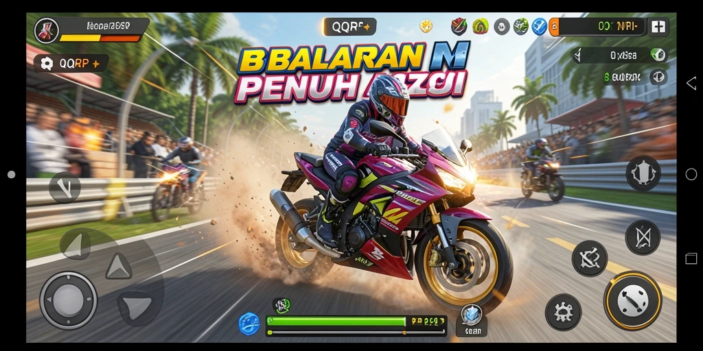 Screenshot QQRP menampilkan aksi balapan motor yang mendebarkan.