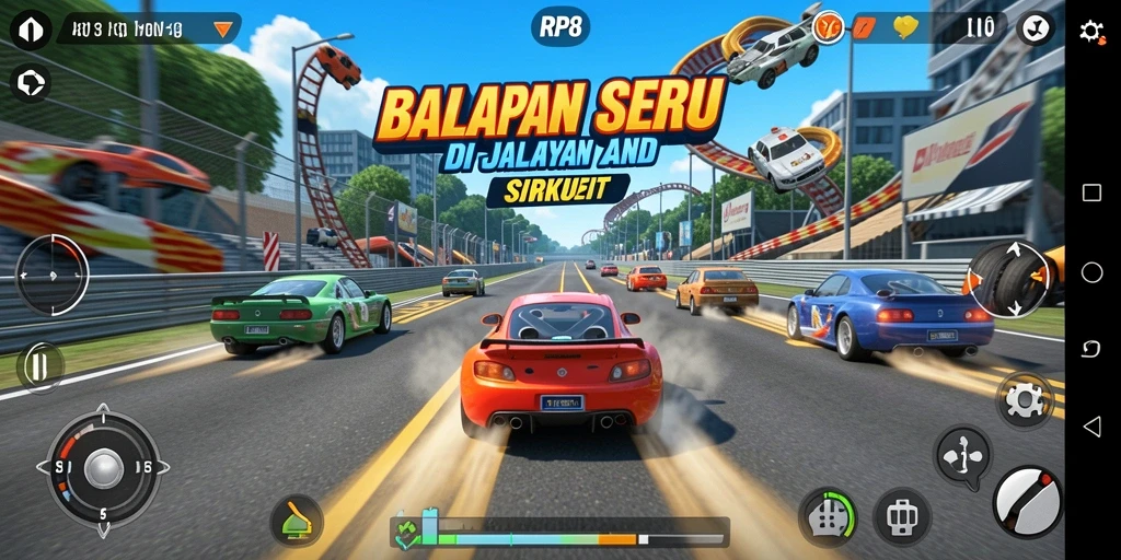 Tampilan seru dari gameplay balap RP8 yang menegangkan.