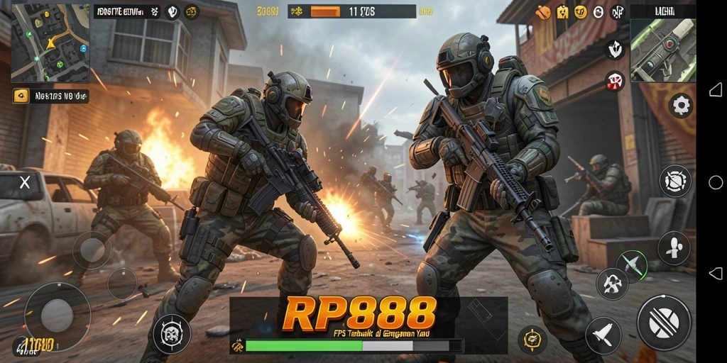 Screenshot menampilkan aksi intens dalam game FPS RP888.