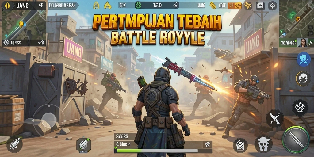 Screenshot gameplay UANG menunjukkan pertempuran seru di arena Battle Royale.