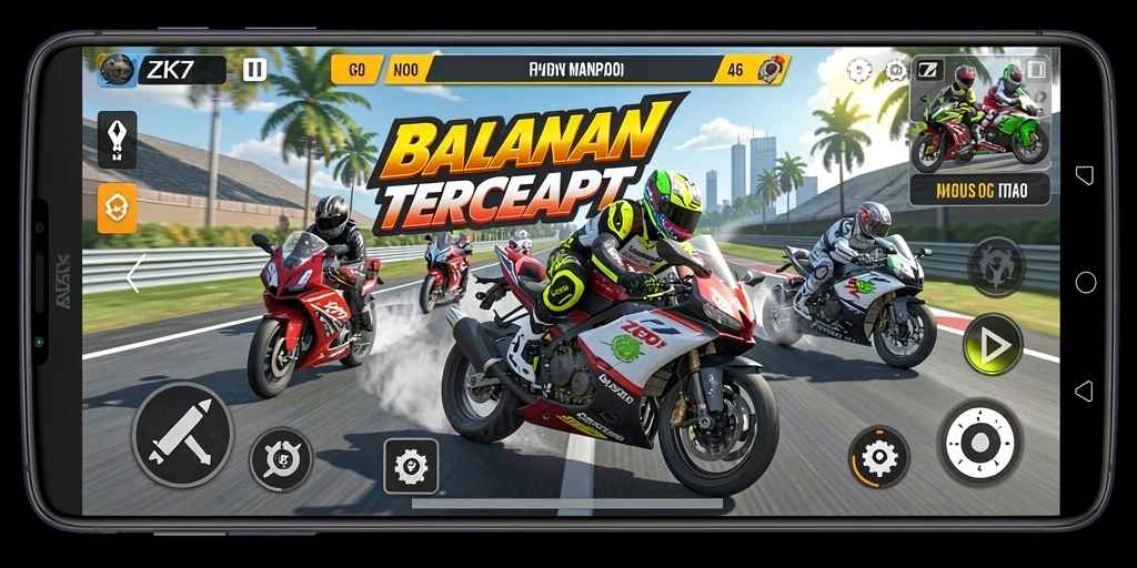 Screenshot ZK7 yang menampilkan aksi balapan motor yang intens.